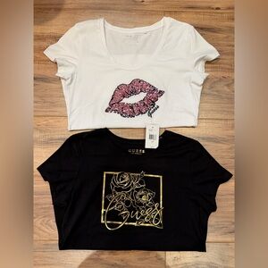 Guess White Tee w/ Pink Sequin Lips & Black Tee with Gold Rose Print Woman’s XL